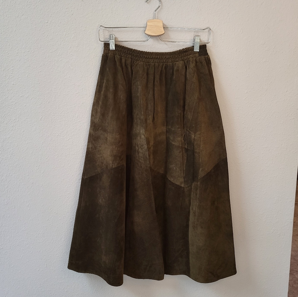 VTG 100% Leather Midi Skirt Fits S/M Gathered Full Two-Tone Solid Brown Western - Picture 2 of 13